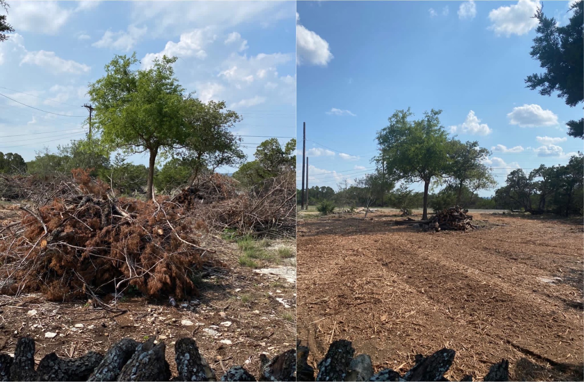 Brush pile mulching and stacked firewood after Hill Country property cleanup