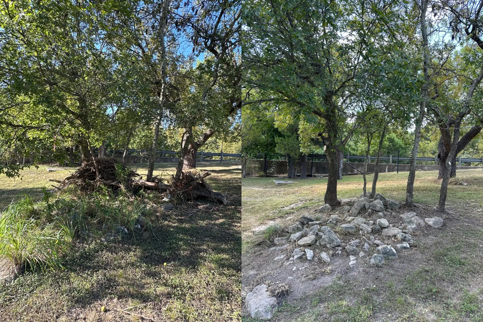 Flood debris on a Boerne TX lawn before and after haul off and cleanup